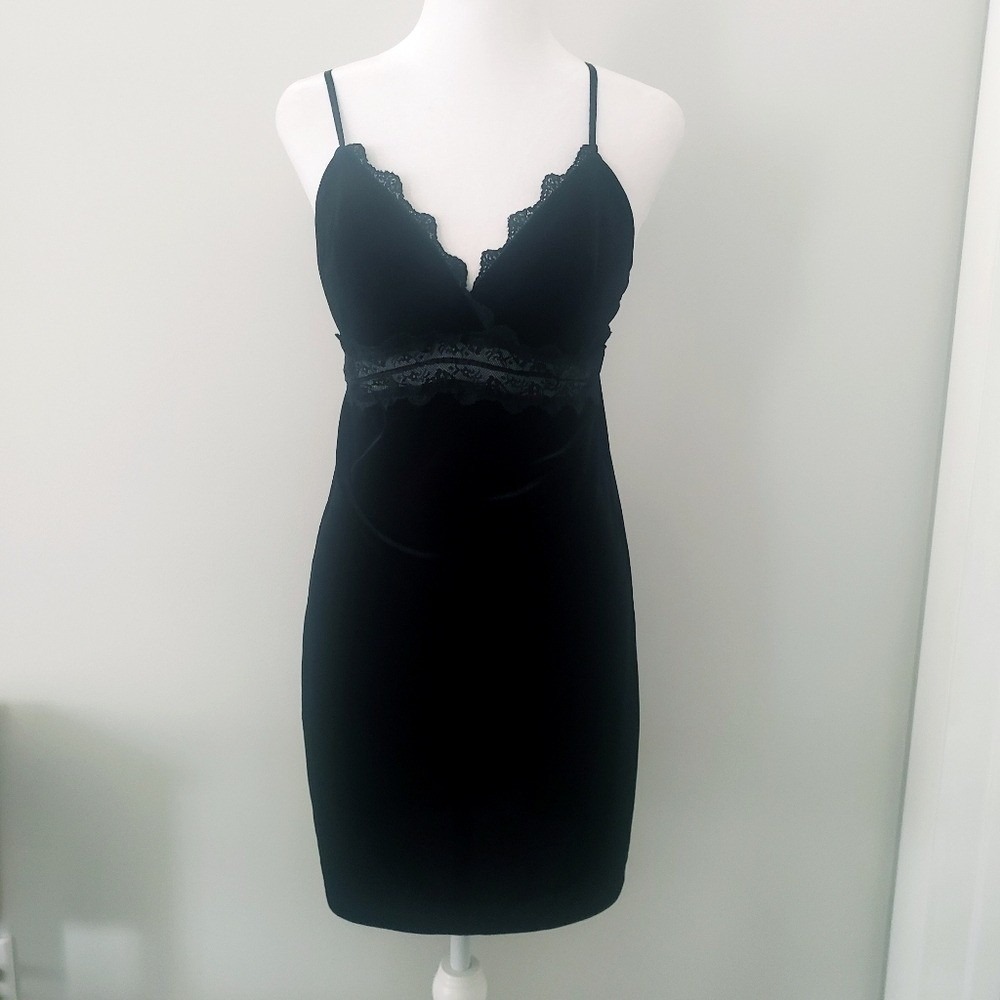 Oak & Meadow Womens Black‎ Velvet Mini Dress LARGE Lace Y2K Whimsigoth Babydoll